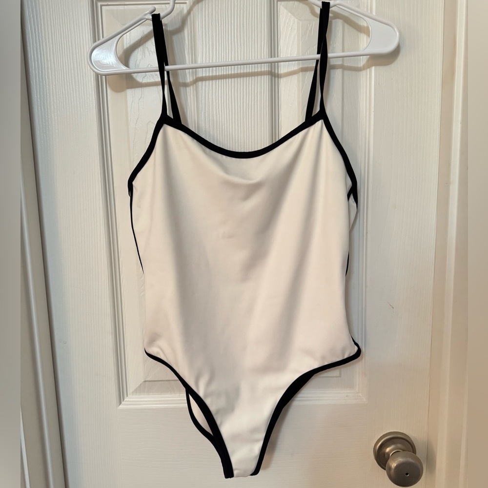 Womens One Piece Swimsuit/ bodysuit - White with Black Trim